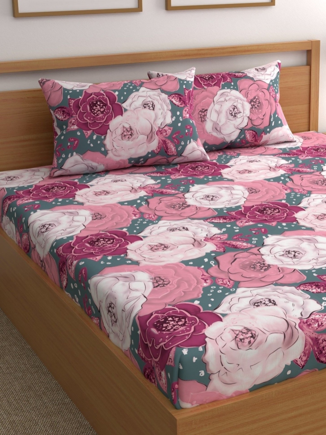 

CG HOMES Pink & Green Floral 210 TC King Bedsheet with 2 Pillow Covers