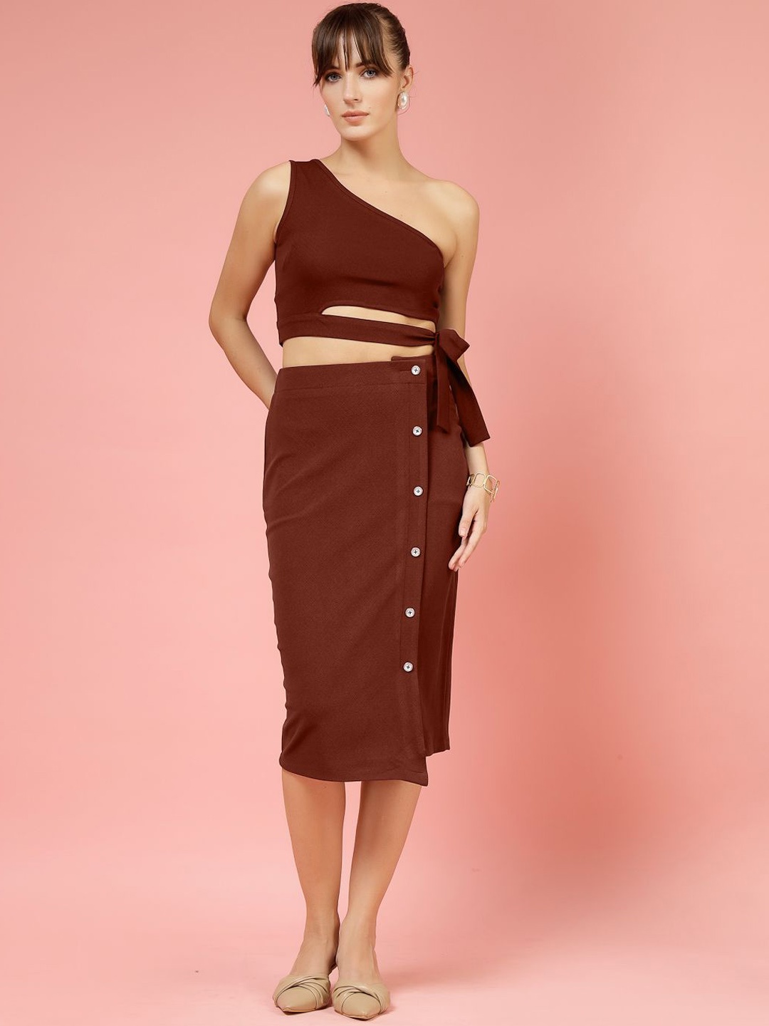 

DressBerry One Shoulder Neck Top With Skirt Co-Ords, Brown