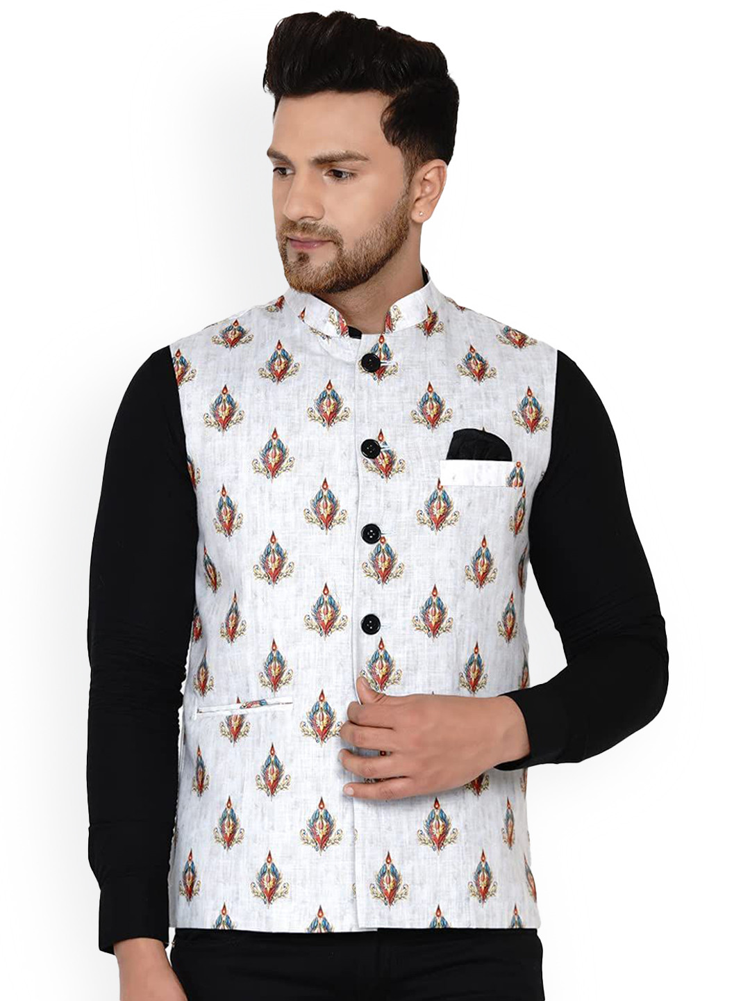 

VEERA PARIDHAAN Pure Cotton Printed Mandarin Collar Nehru Jacket, White