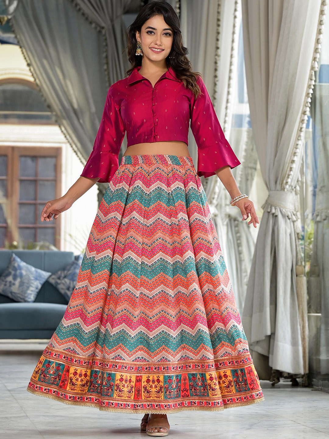 

Juniper Printed Shirt Collar Neck Crop Top With Skirt Co-Ords, Magenta