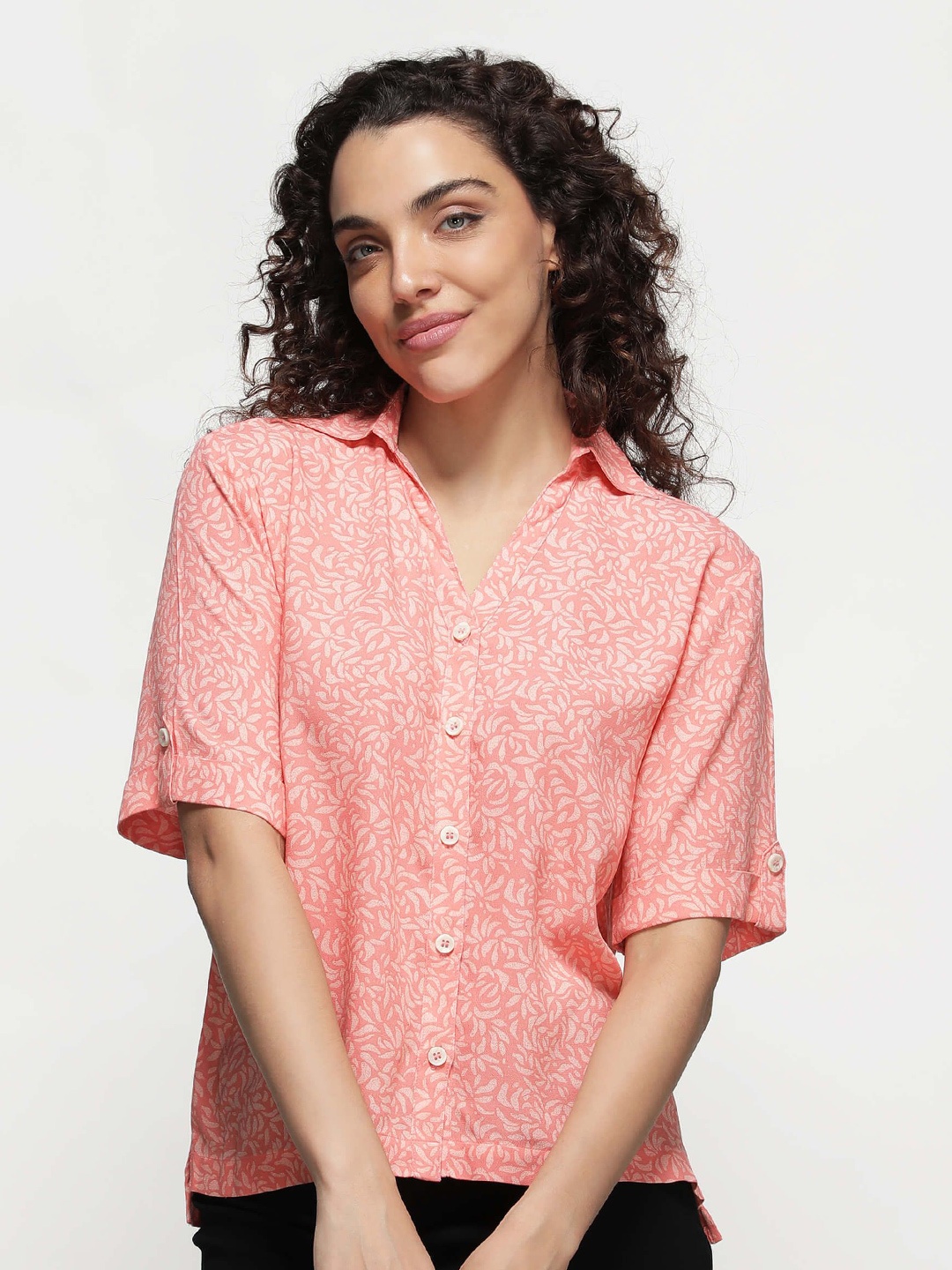 

IDK Floral Print Roll-Up Sleeves Crepe Shirt Style Crop Top, Orange