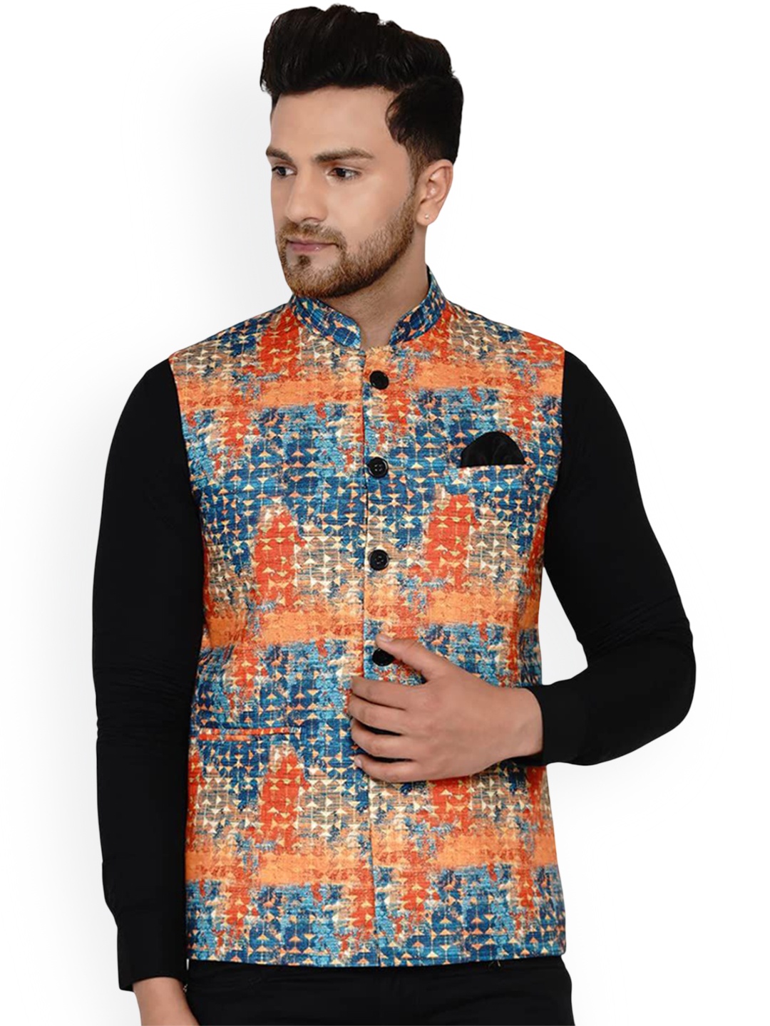 

VEERA PARIDHAAN Printed Cotton Nehru Jacket, Orange