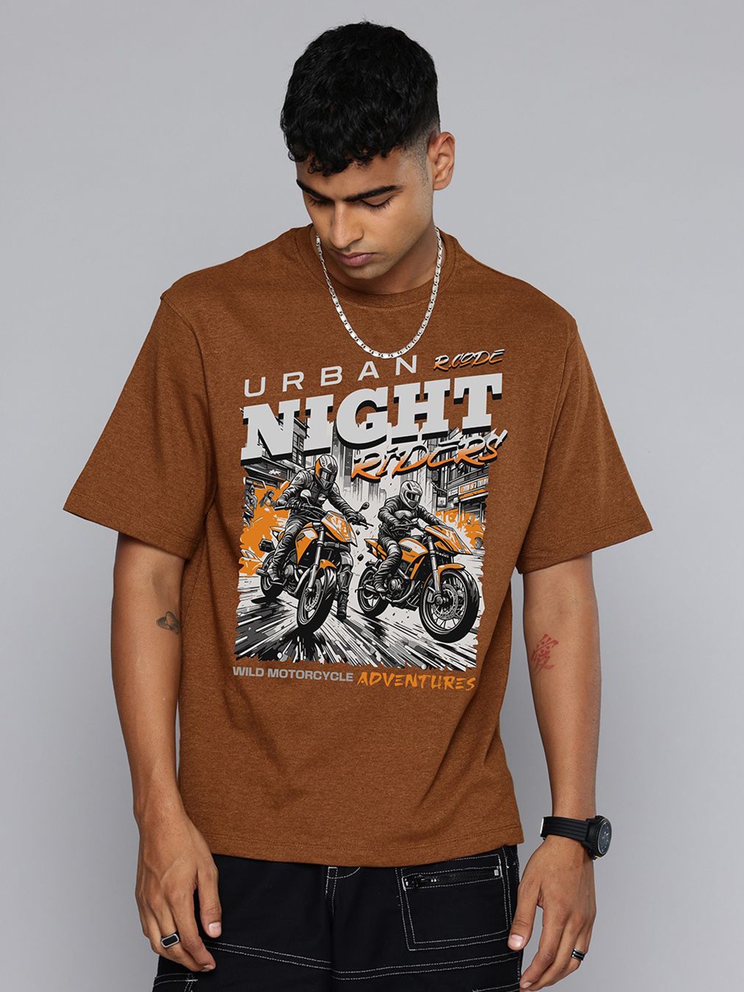 

R.Code by The Roadster Life Co. Men Biker Printed Extended Sleeves T-shirt, Mustard