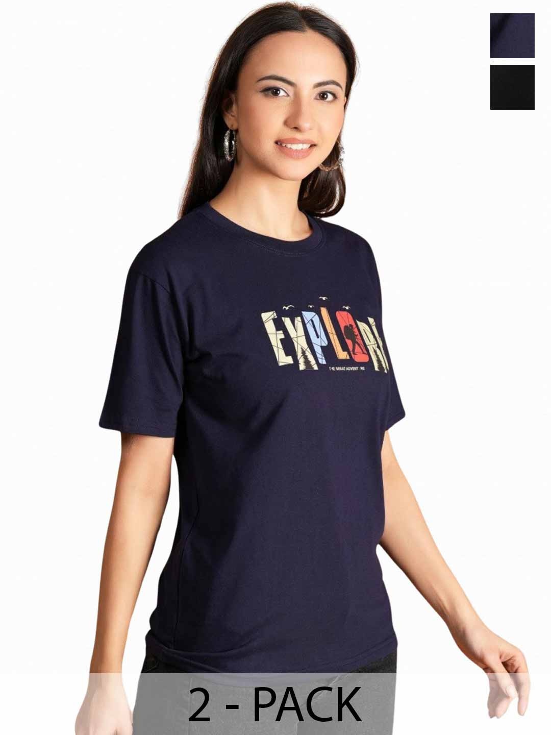 

Belfry Women Pack Of 2 Typography Printed Cotton T-shirts, Navy blue