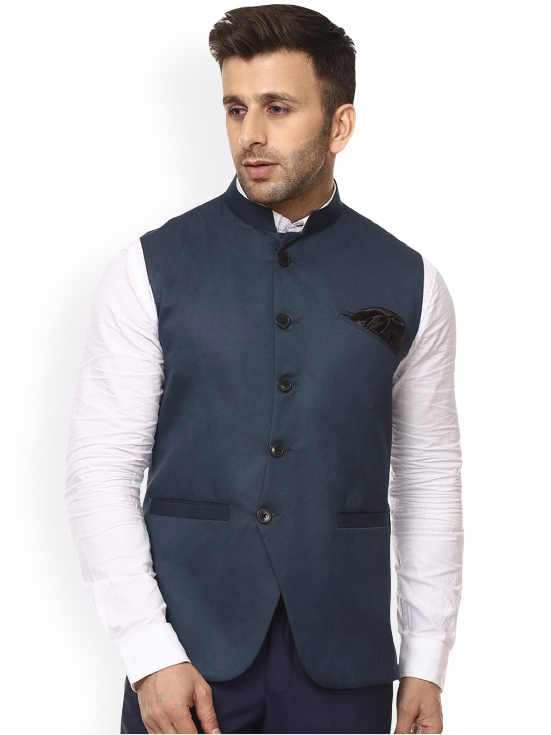 

VEERA PARIDHAAN Cotton Chinese Collar Nehru Jackets, Blue