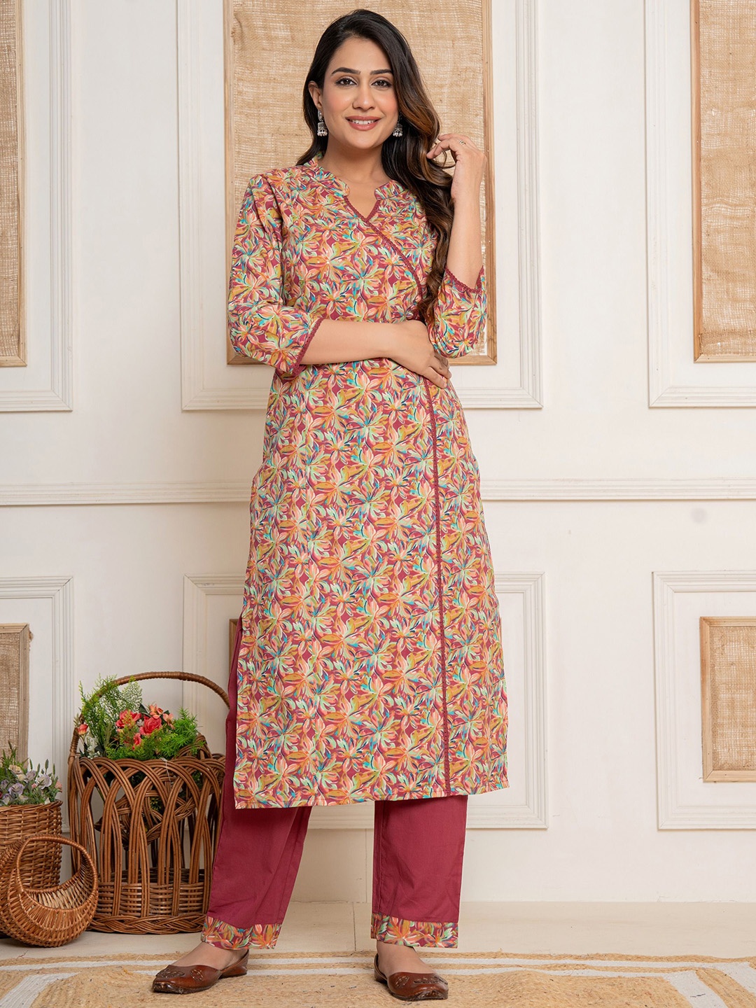 

HOUSE OF MORA Women Floral Printed Angrakha Pure Cotton Kurta with Trousers, Blue