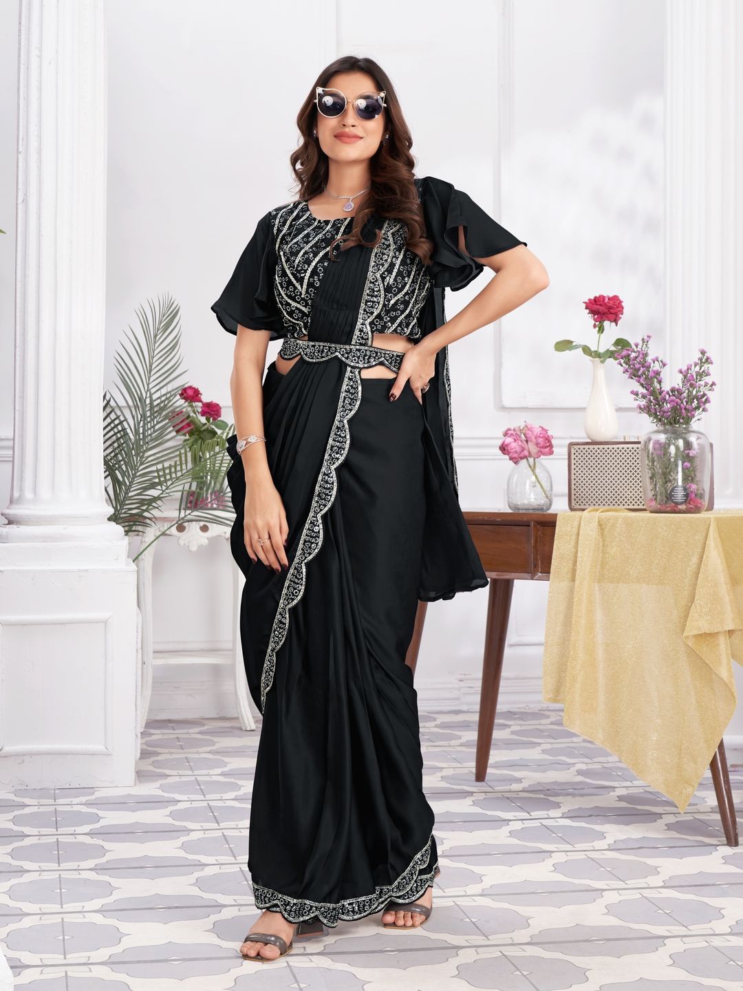 

Suha Embroidered Poly Georgette Ready to Wear Saree, Black