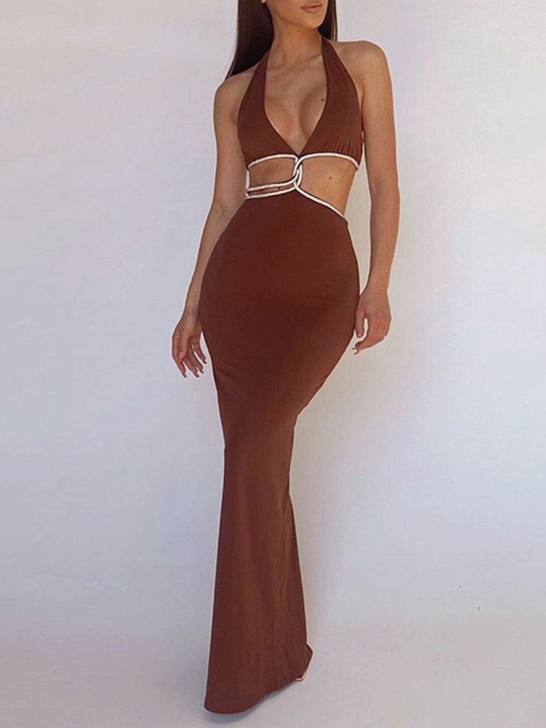 

LULU & SKY Halter Neck Bodycon Maxi Dress, Brown