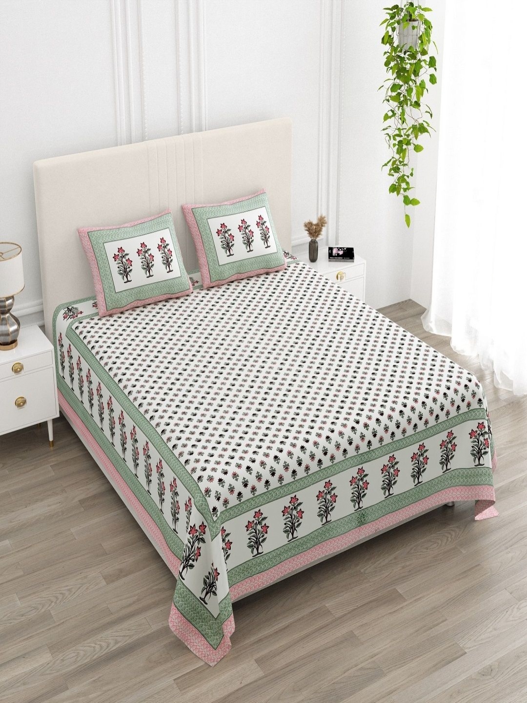 

CHICERY White & Green Floral 210 TC King Bedsheet with 2 Pillow Covers
