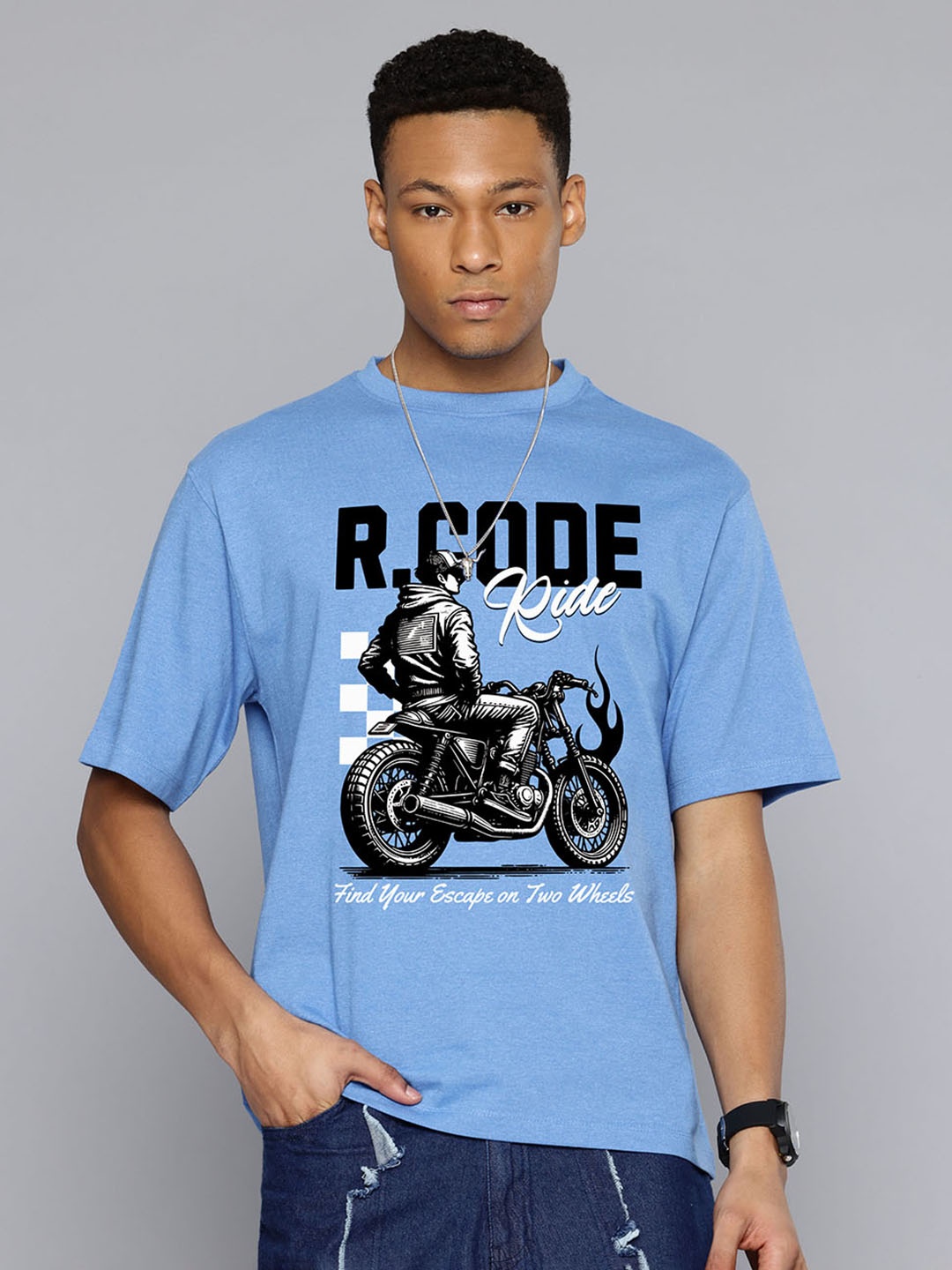 

R.Code by The Roadster Life Co. Men Biker Printed Raw Edge T-shirt, Blue
