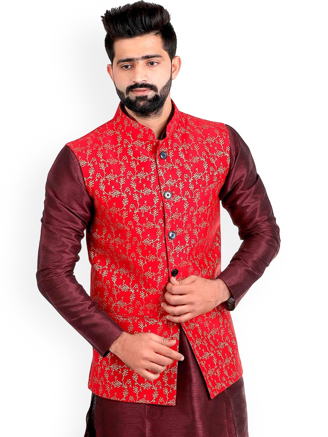 

VEERA PARIDHAAN Printed Brocade Banarasi Nehru Jacket, Red