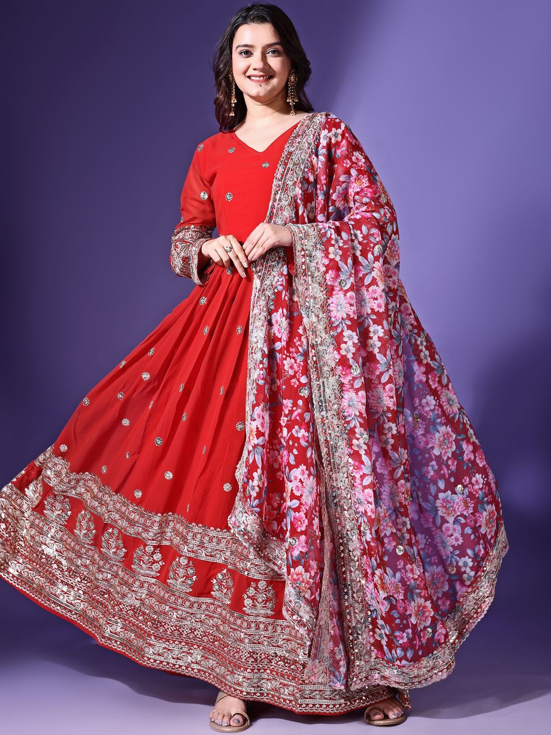 

Anara Women Paisley Embroidered Mirror Work Georgette Anarkali Kurta, Red