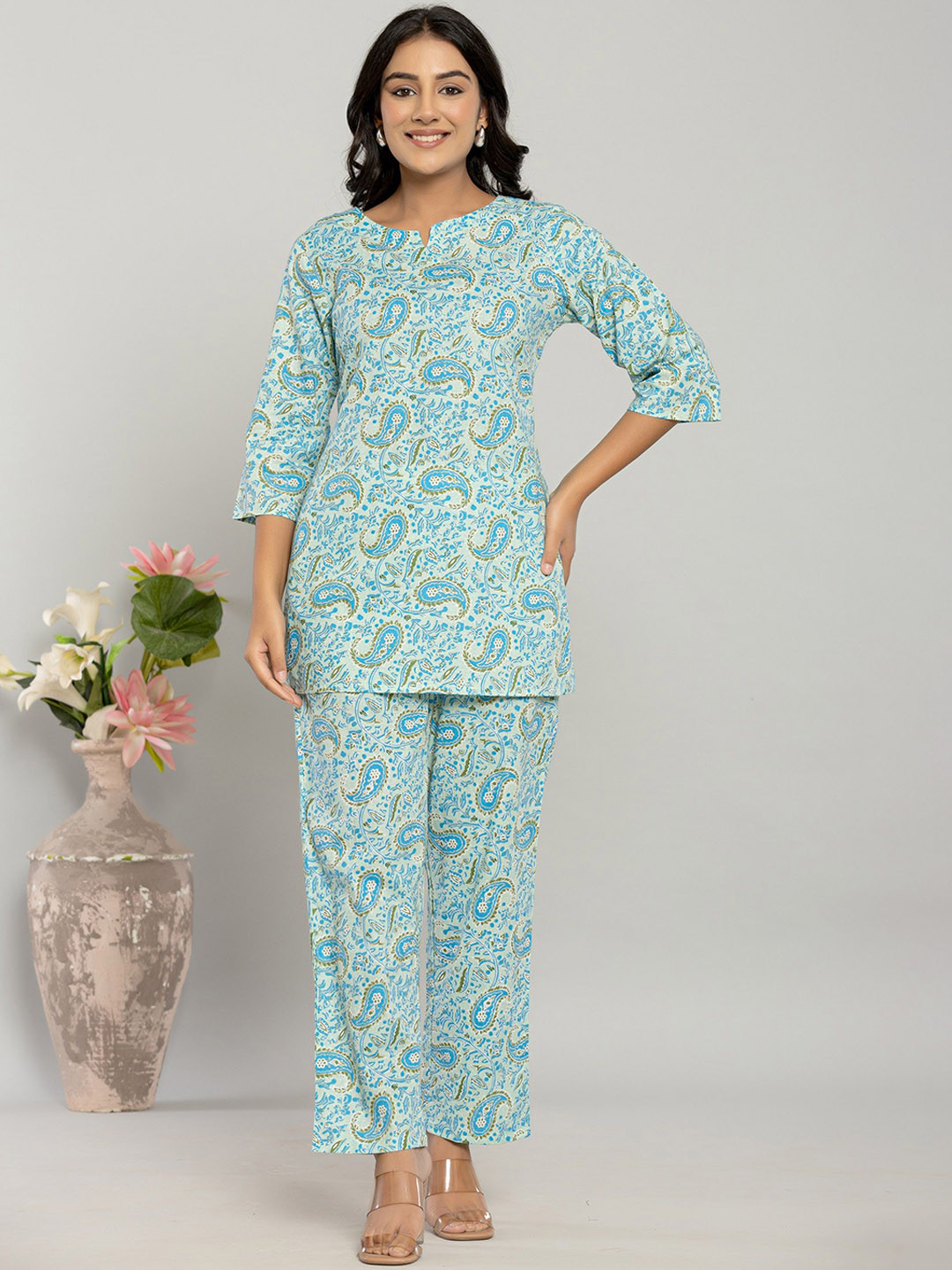 

Serenita Printed Pure Cotton Round Neck Top With Trousers Co-Ords Set, Blue