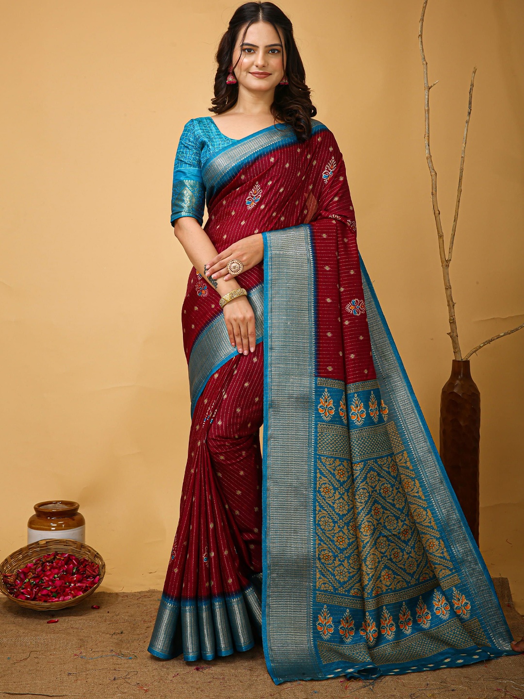 

HERE&NOW Leheriya Zari Silk Cotton Kanjeevaram Saree, Maroon