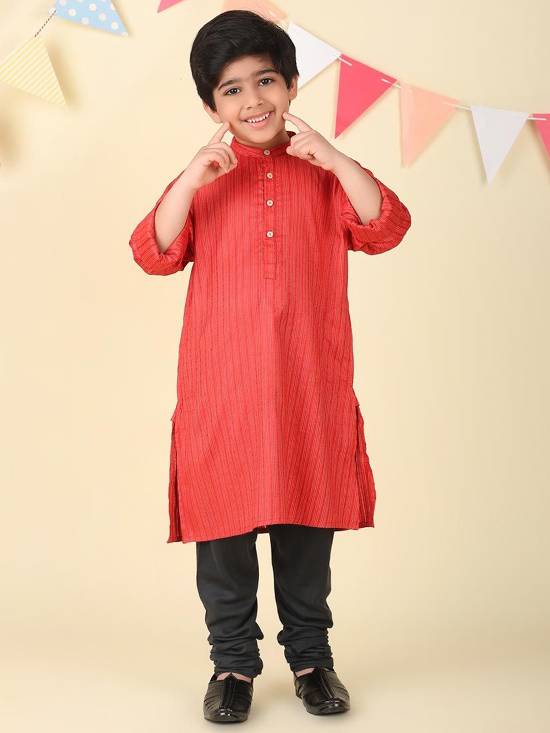 

Fabindia Boys Striped Thread Work Kurta, Red