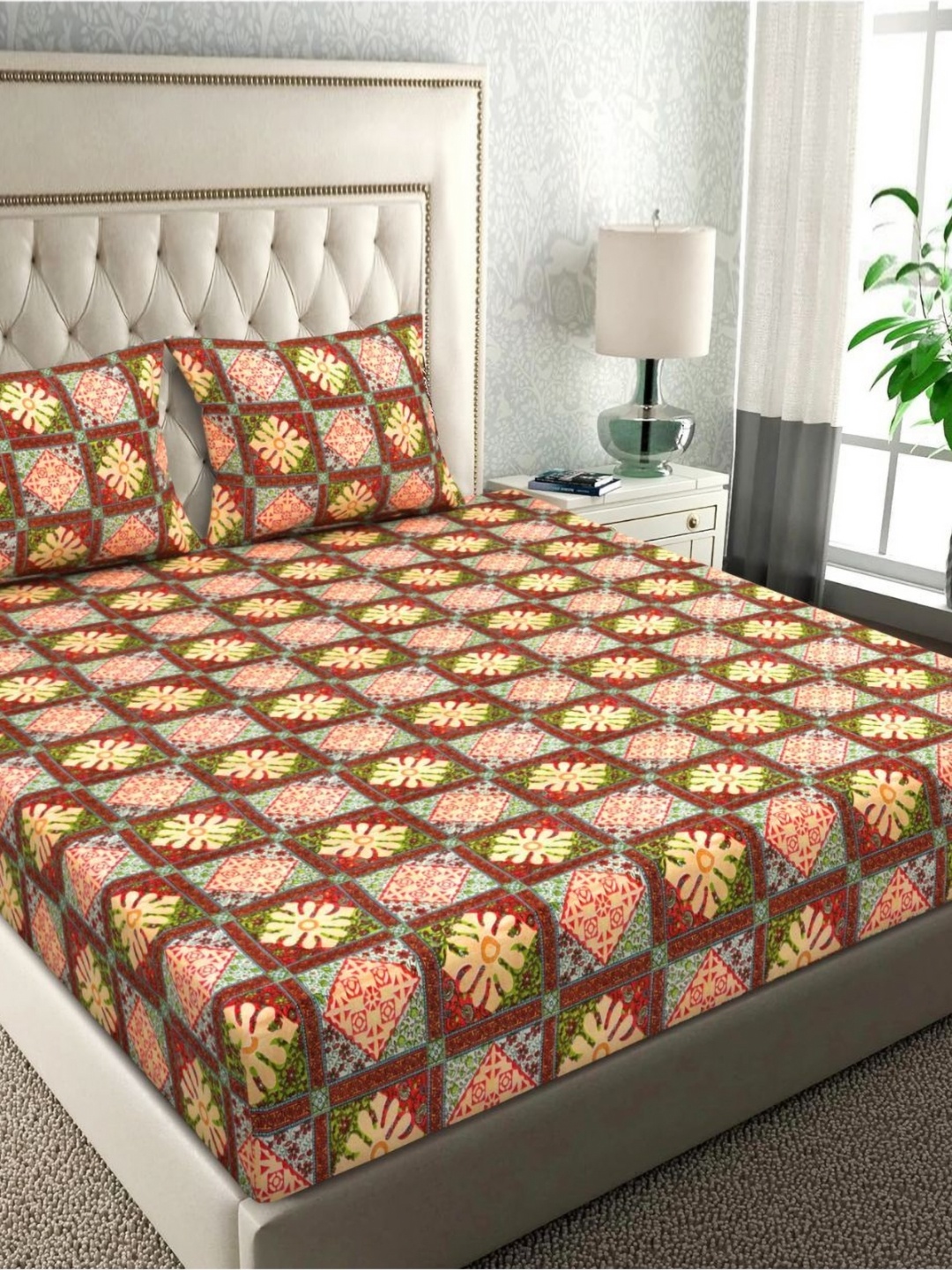 

bsb home Beige & Green 144 TC Queen Bedsheet with 2 Pillow Covers