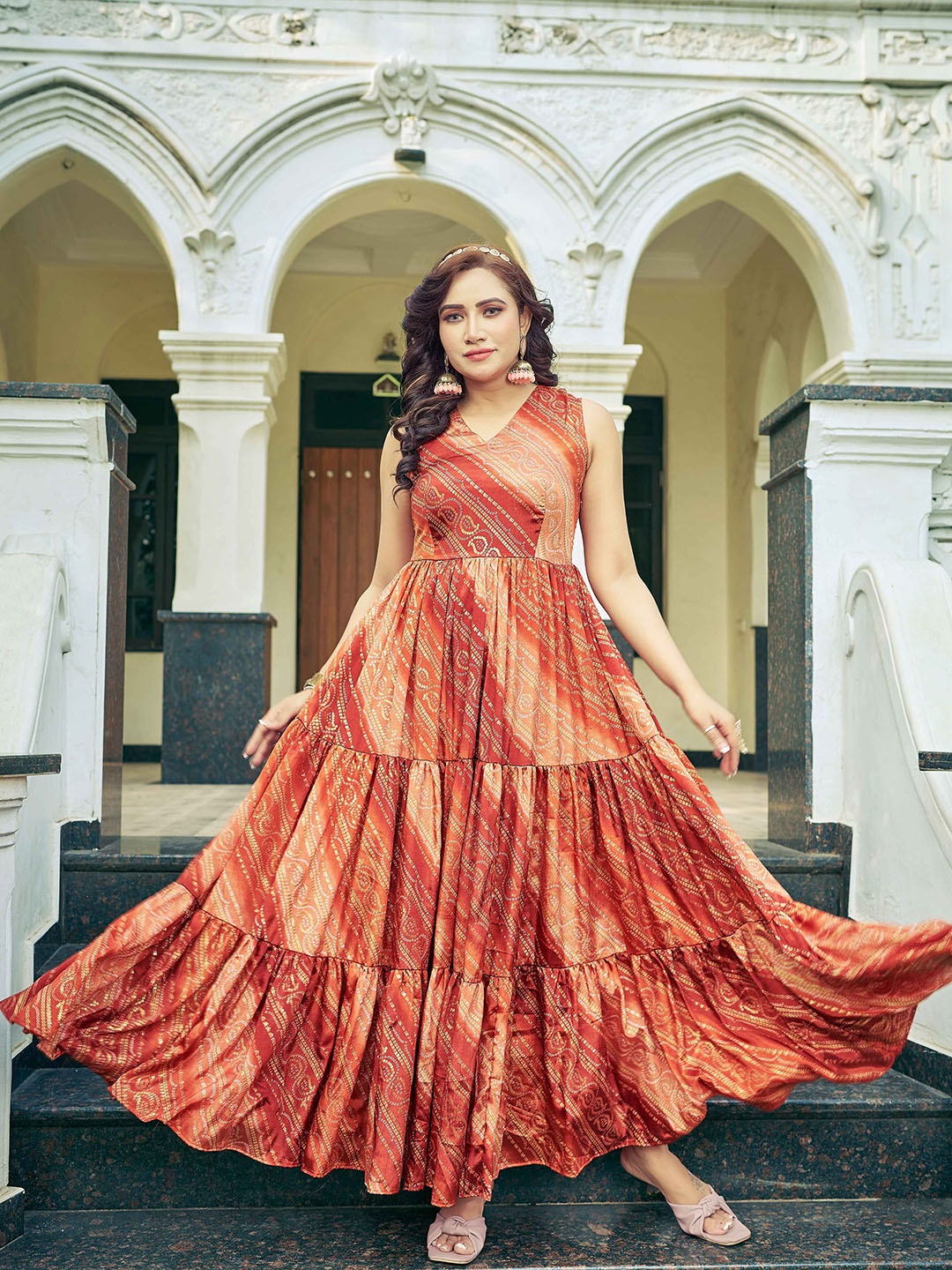 

Chandbaali Bandhani Printed Fit & Flared Maxi Ethnic Dress, Rust