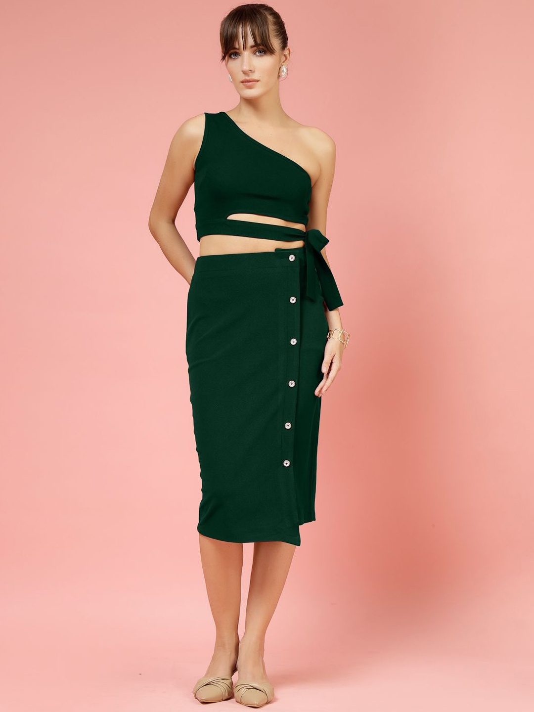 

DressBerry One Shoulder Neck Top With Skirt Co-Ords, Green