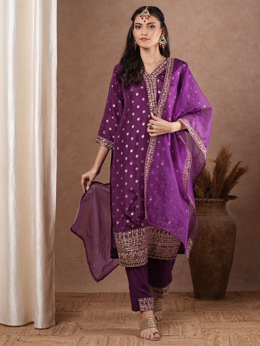 

FASHOR Women Regular Kurta with Trousers & With Dupatta, Purple