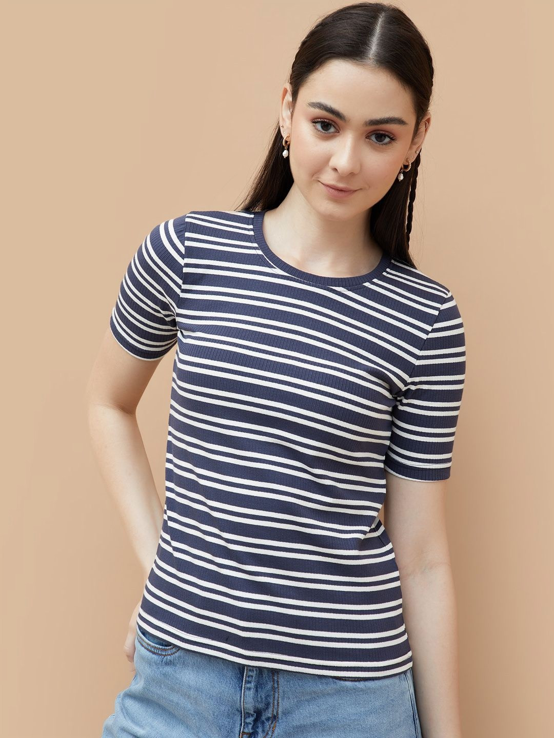 

Fame Forever by Lifestyle Women Striped Pockets T-shirt, Blue