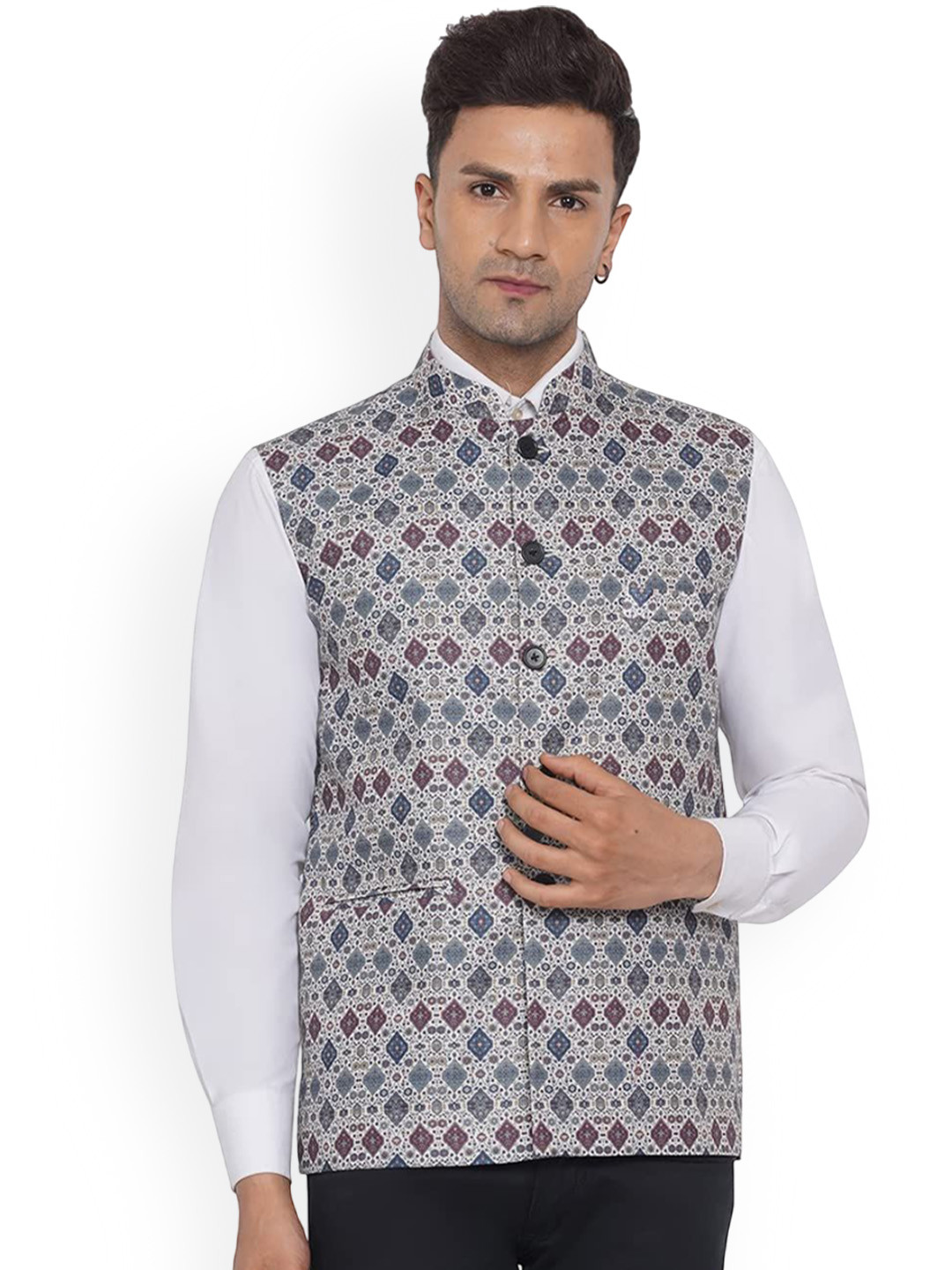 

VEERA PARIDHAAN Printed Woven Design Mandarin Collar Nehru Jacket, White