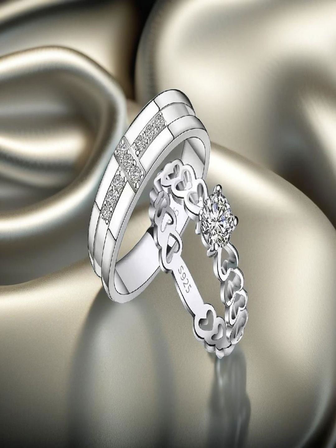 

DIVASTRI Set Of 2 Silver-Plated CZ Stone Studded Couple Finger Ring