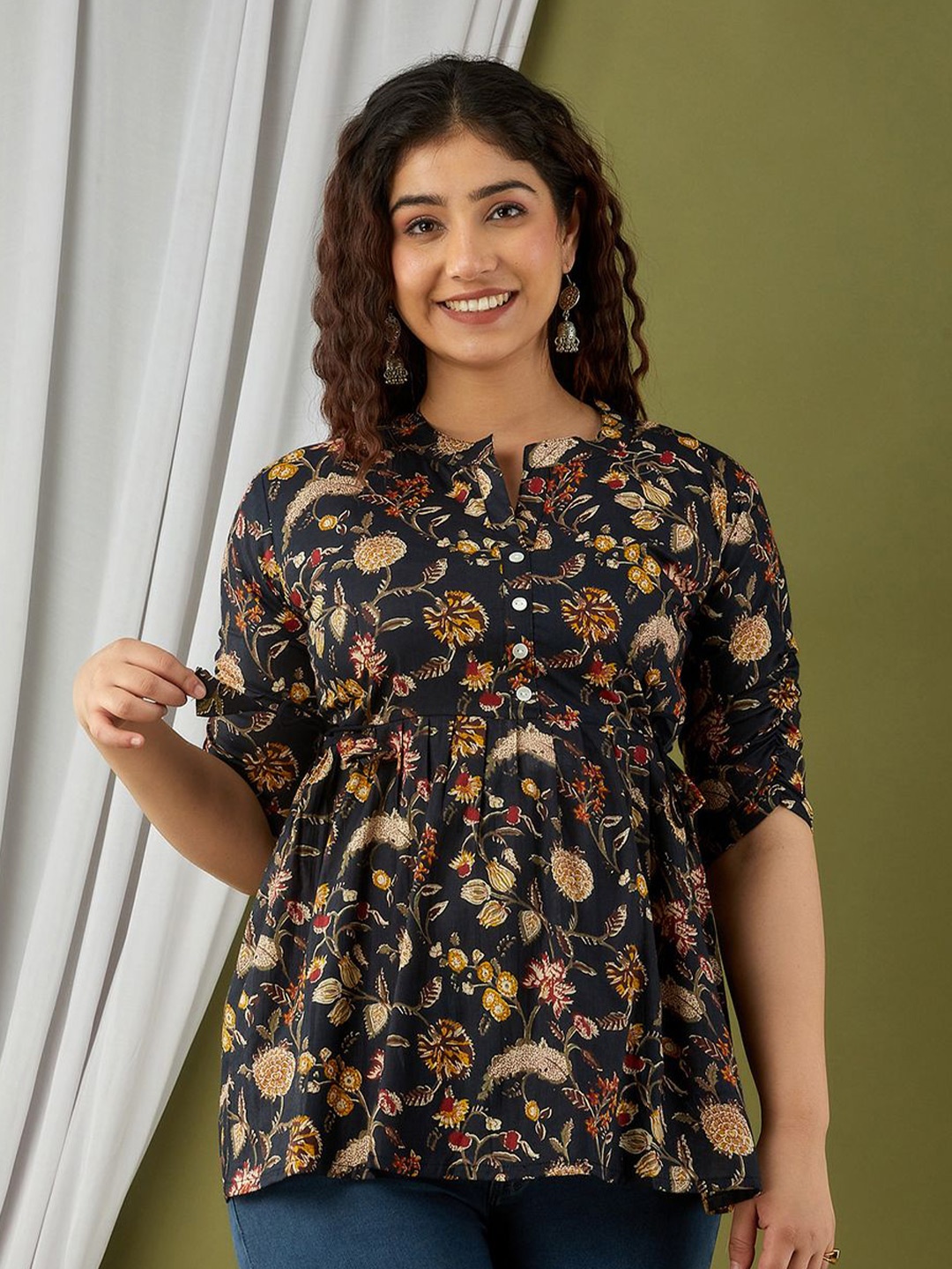 

FEMARY Floral Print Mandarin Collar Cotton Top, Black