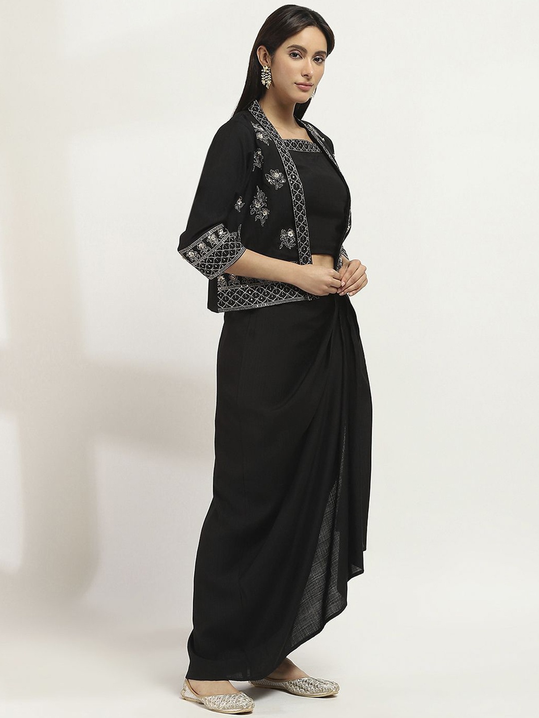 

Rangriti Embroidered Shoulder Strap Neck Top & Skirt With Jacket Co-Ords, Black