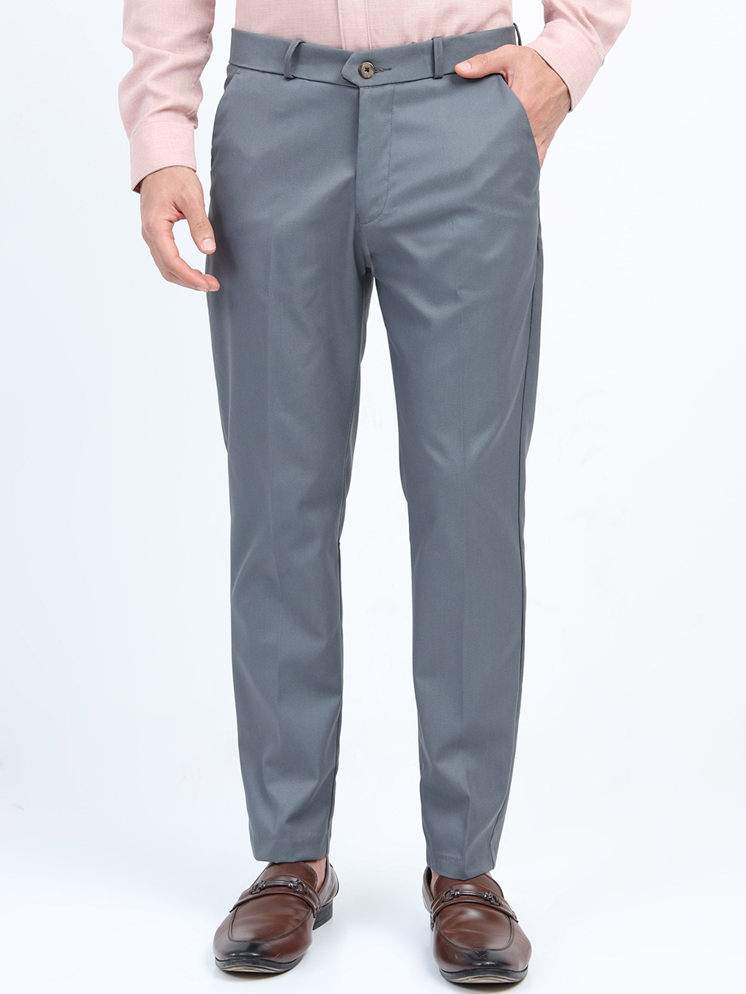 

U.S. PITCHERS Men Smart Tapered Fit Low-Rise Chinos Trousers, Grey melange