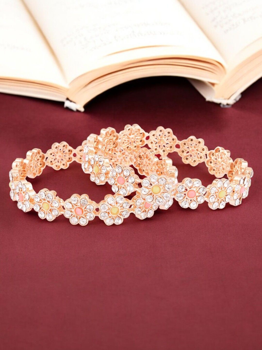 

FEMMIBELLA Set Of 2 Rose Gold-Plated Cubic Zirconia Stone-Studded Bangles
