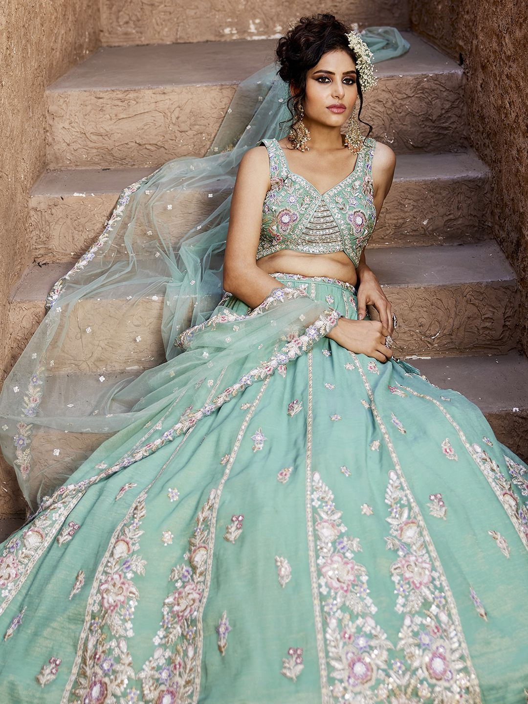 

panchhi Embroidered Beads and Stones Semi-Stitched Lehenga & Unstitched Blouse With Dupatta, Sea green