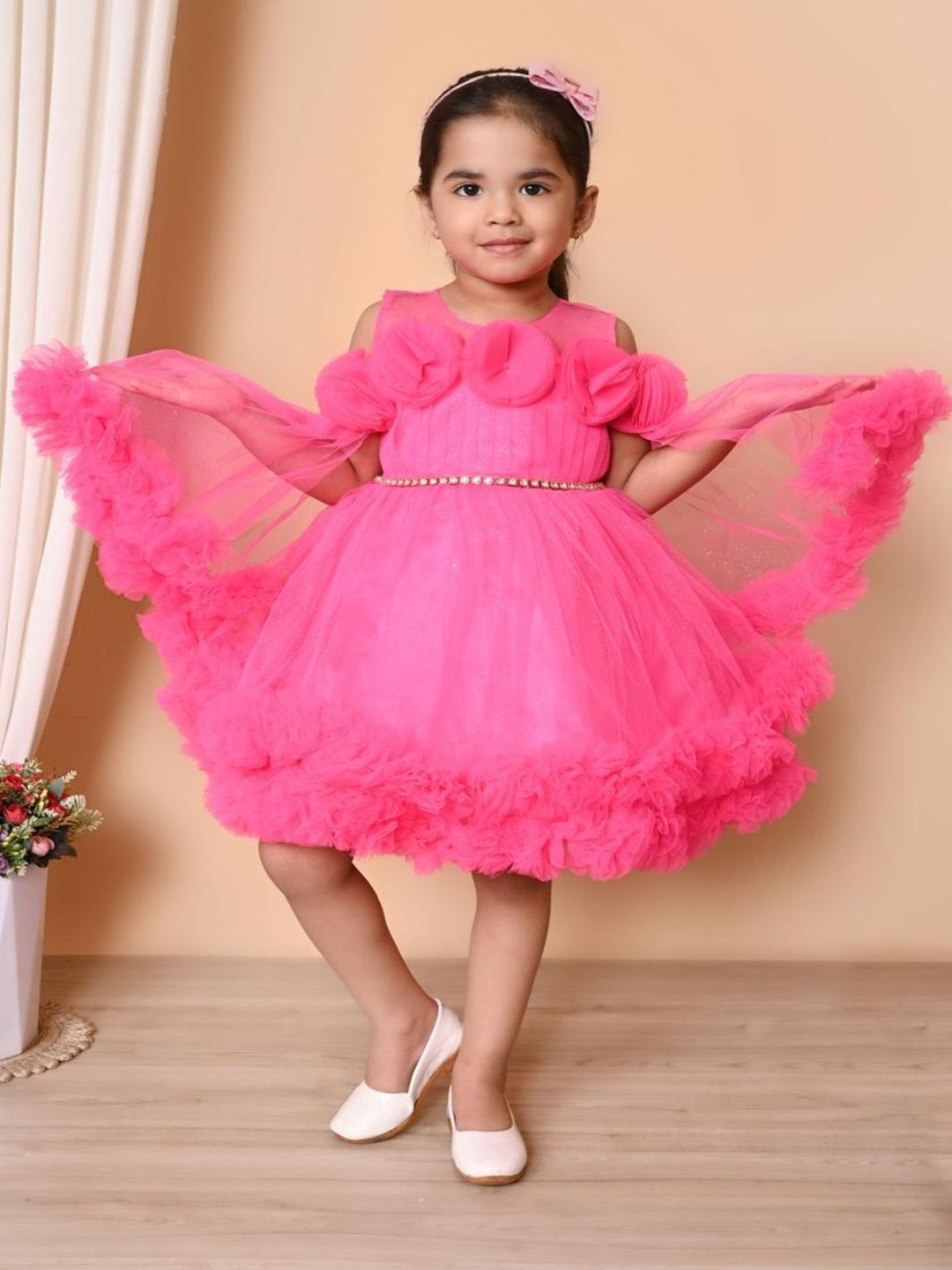 

NFashion Flared Sleeve Net Fit & Flare Dress, Pink