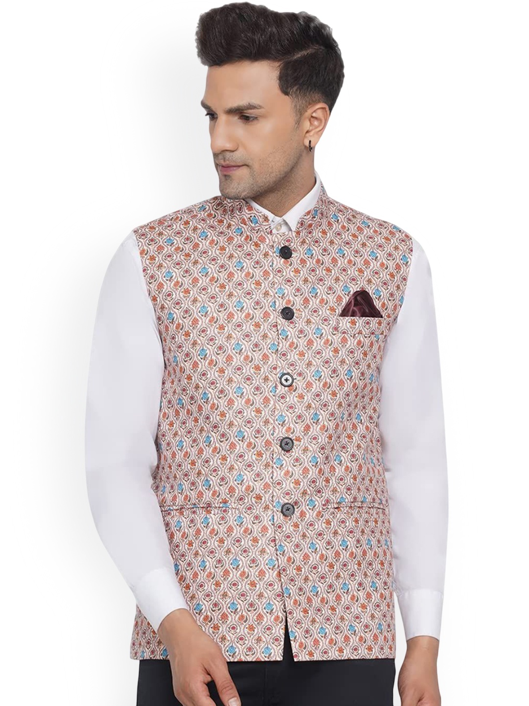 

VEERA PARIDHAAN Printed Mandarin Collar Nehru Jacket, Beige