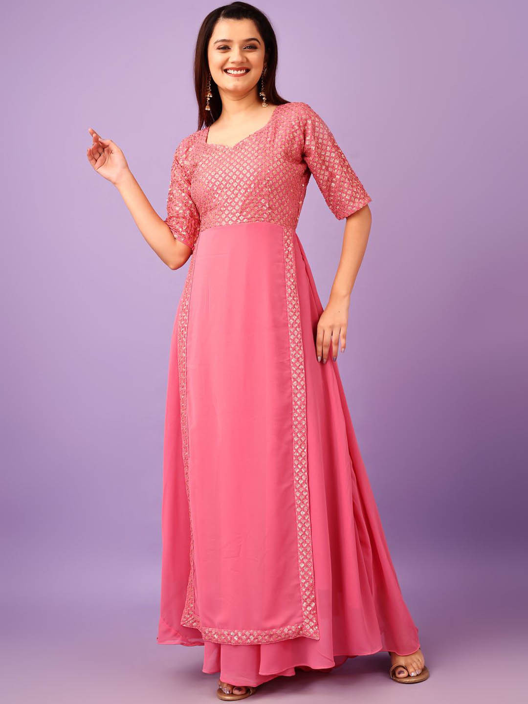 

Anara Embellished Fit & Flare Maxi Ethnic Dresses, Pink