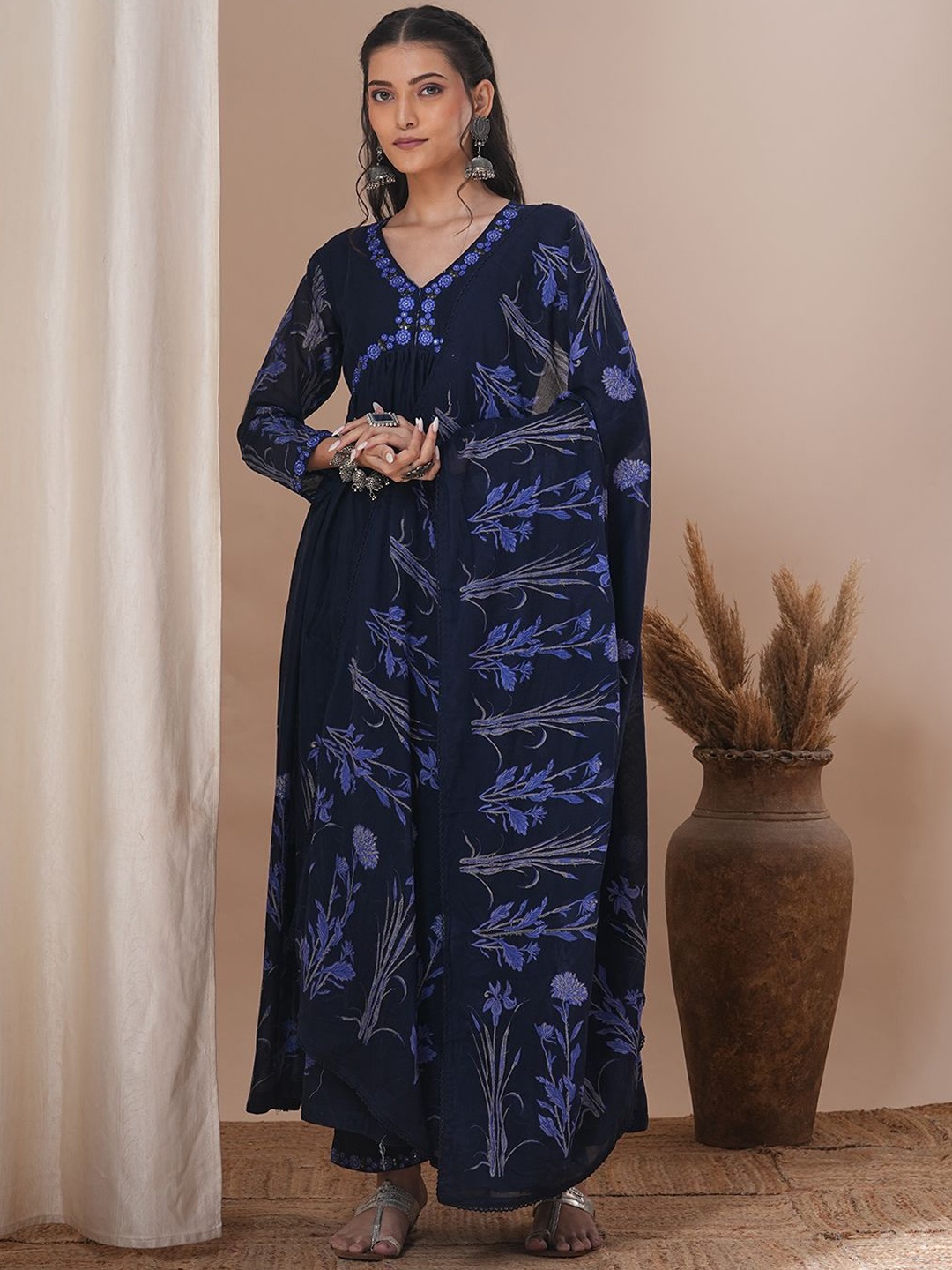

FASHOR Women Ethnic Motifs Printed Pleated Sequinned Pure Cotton Kurta with Trousers & With Dupatta, Navy blue