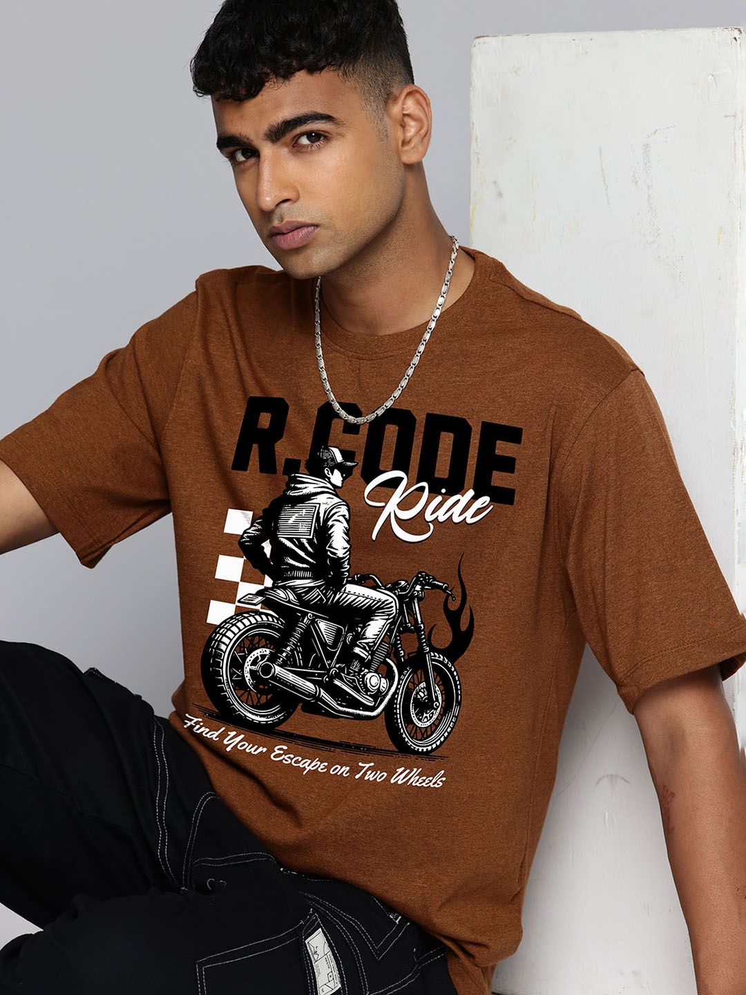 

R.Code by The Roadster Life Co. Men Biker Printed Extended Sleeves T-shirt, Mustard