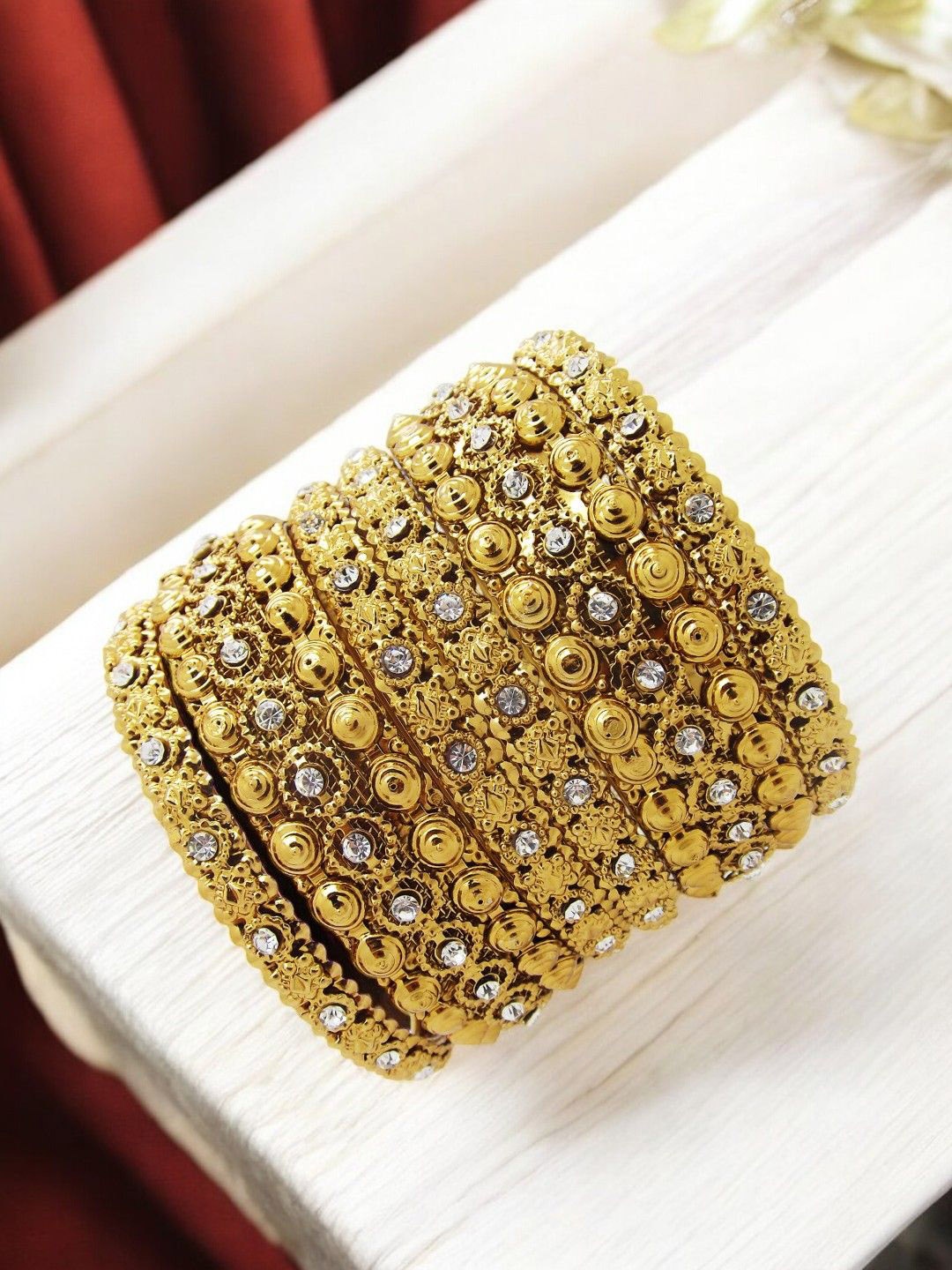 

FEMMIBELLA Set Of 6 Gold-Plated Cubic Zirconia Stone-Studded Bangles