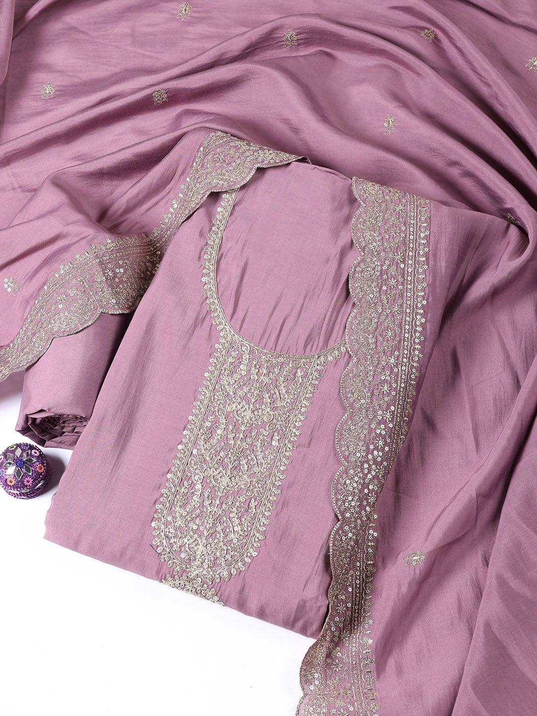 

Meena Bazaar Embroidered Art Silk Unstitched Dress Material, Mauve