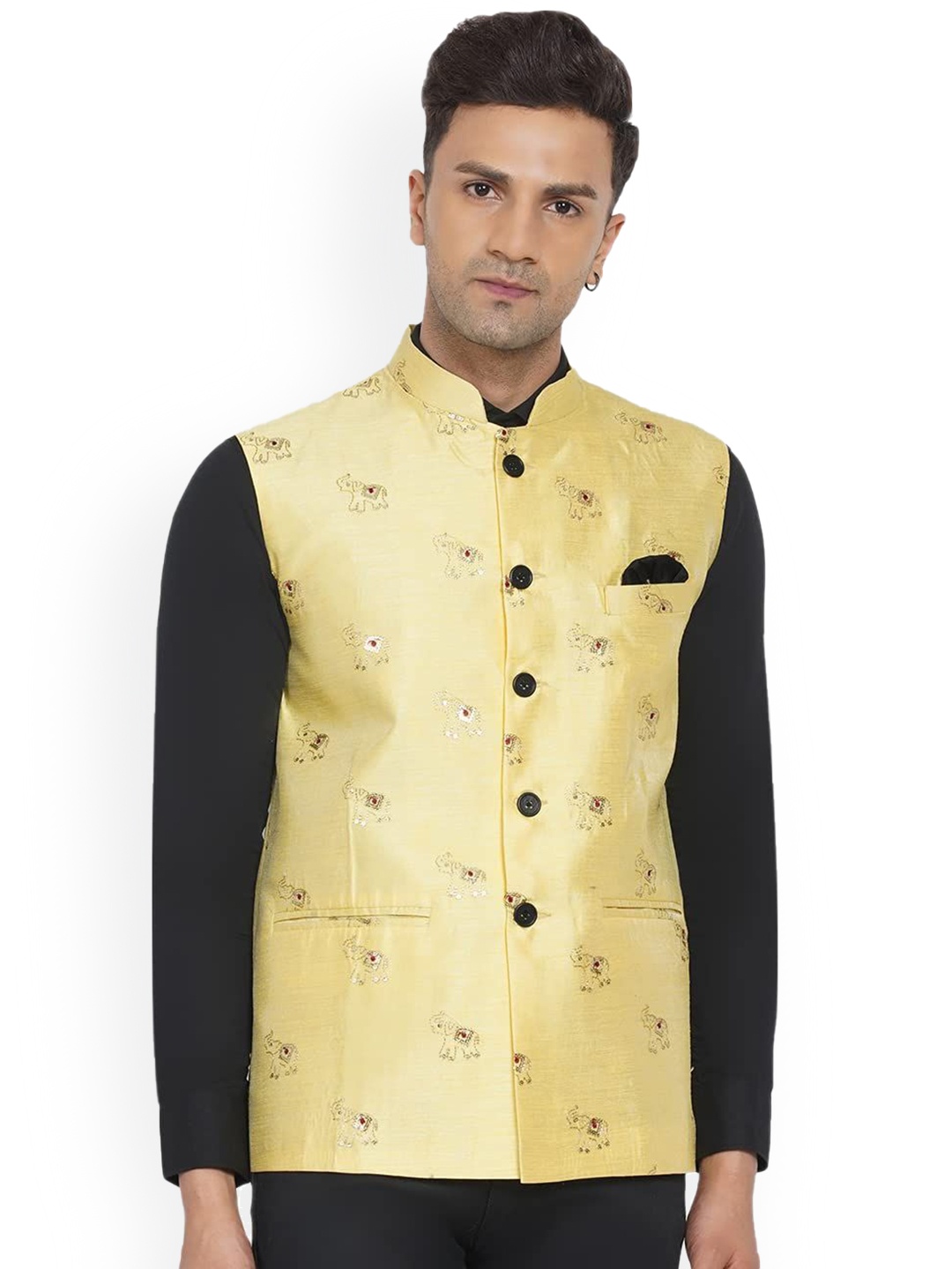 

VEERA PARIDHAAN Jacquard Silk Printed Mandarin Collar Nehru Jacket, Yellow