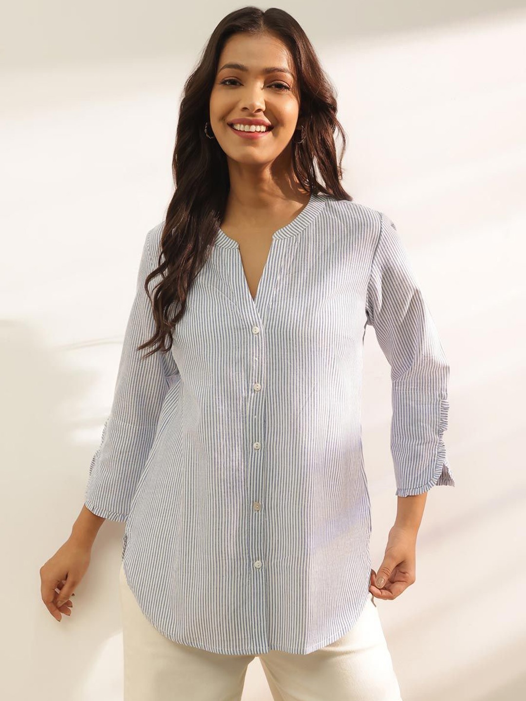 

Fabindia Women Opaque Striped Casual Shirt, White
