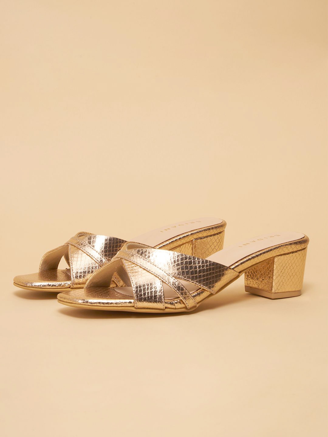 

ERIDANI Striped Party Block Mules, Rose gold