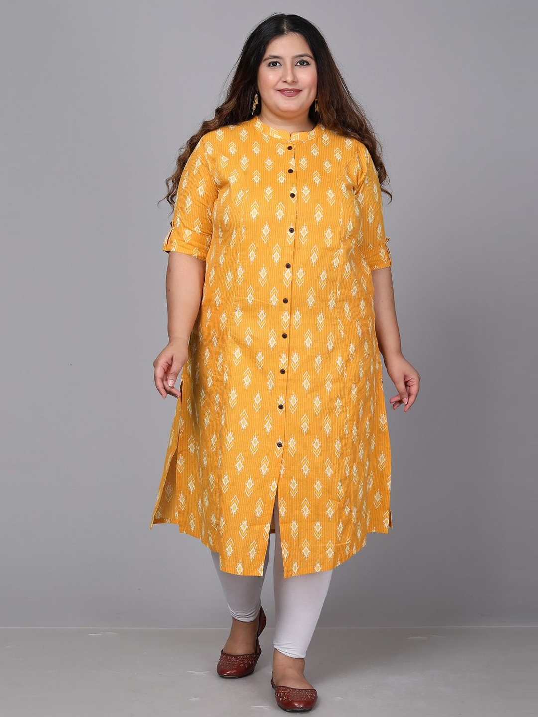 

Gs Fashions Printed Cotton Plus Size Straight Kurta, Yellow