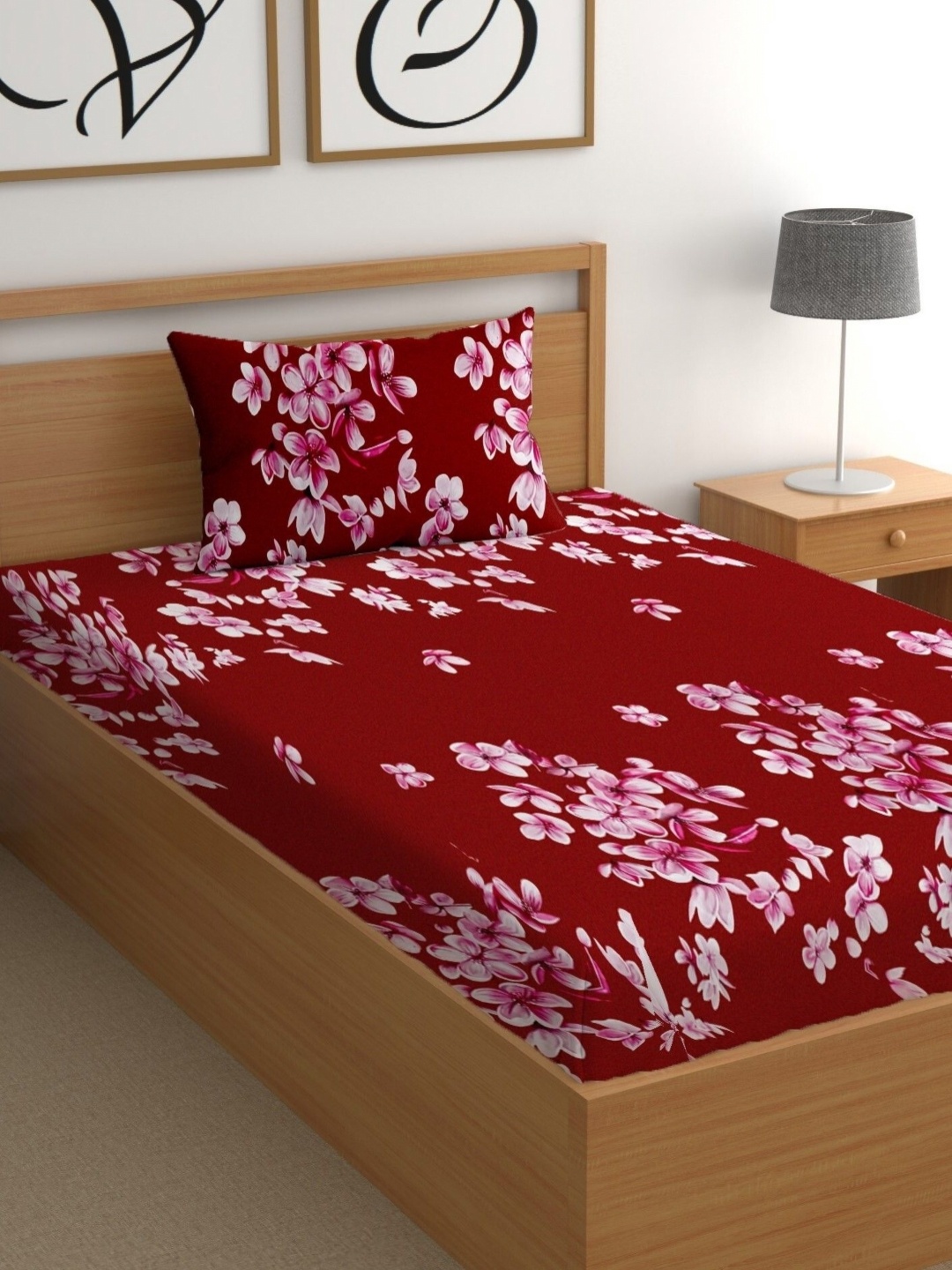 

CG HOMES Red & White Floral 180 TC Single Bedsheet with 1 Pillow Covers