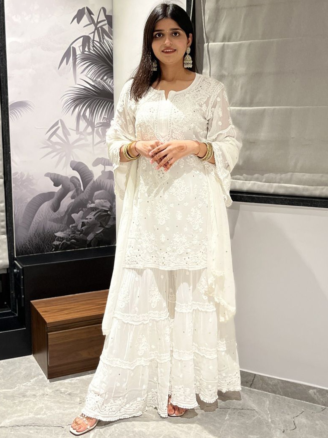 

Everything In Chikankari Women Ethnic Motifs Embroidered Regular Chikankari Kurti with Sharara & With Dupatta, White