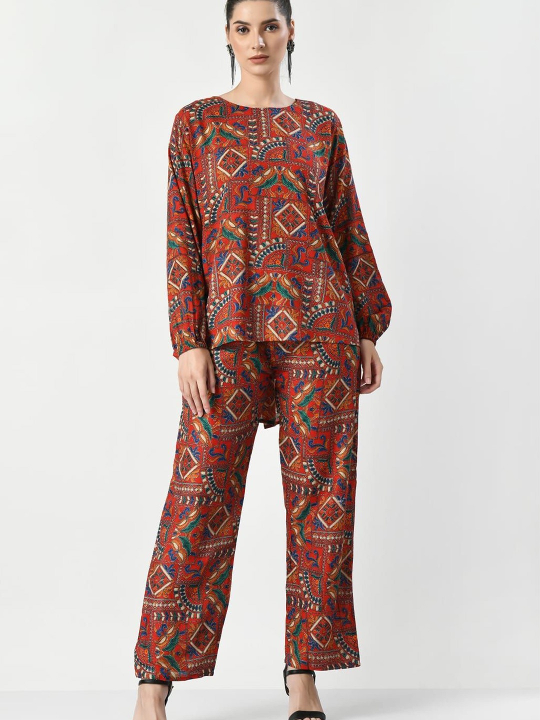 

Belfry Printed Round Neck Top & Trousers Co-Ords Set, Red