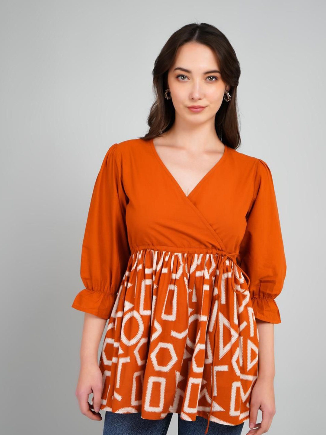 

Dora Dori Print Puff Sleeve Cotton Peplum Top, Orange