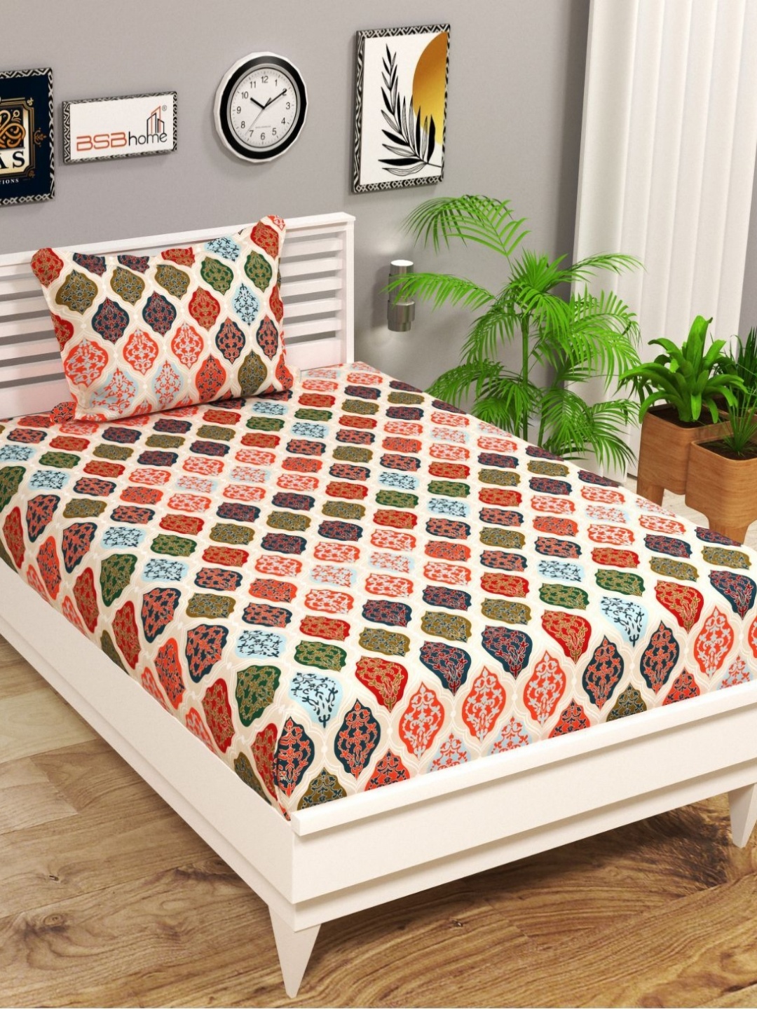 

bsb home Red & Beige Floral 144 TC Single Bedsheet with 1 Pillow Covers
