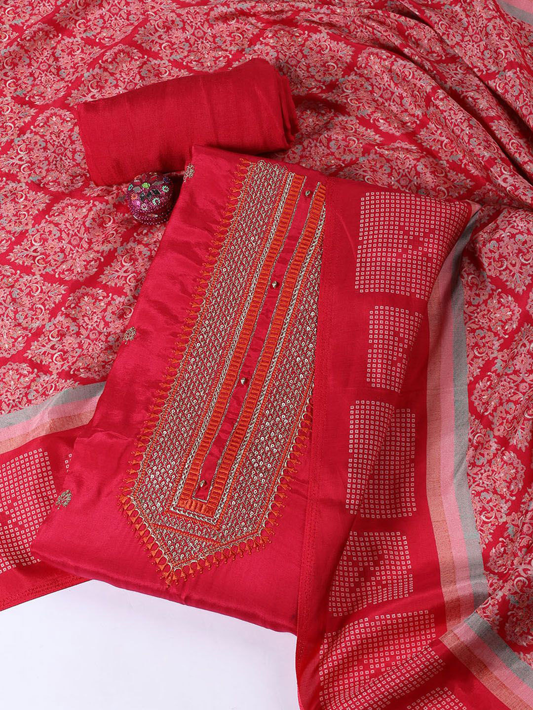 

Meena Bazaar Embroidered Art Silk Unstitched Dress Material, Pink