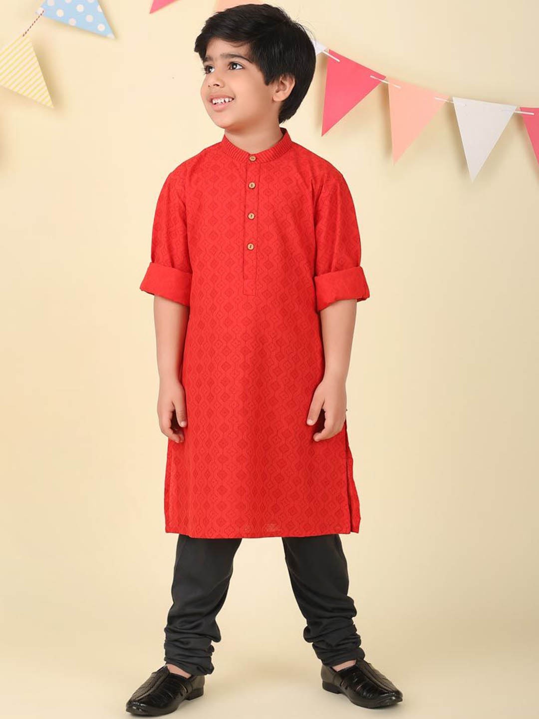 

Fabindia Boys Geometric Printed Flared Sleeves Thread Work Kurta, Red