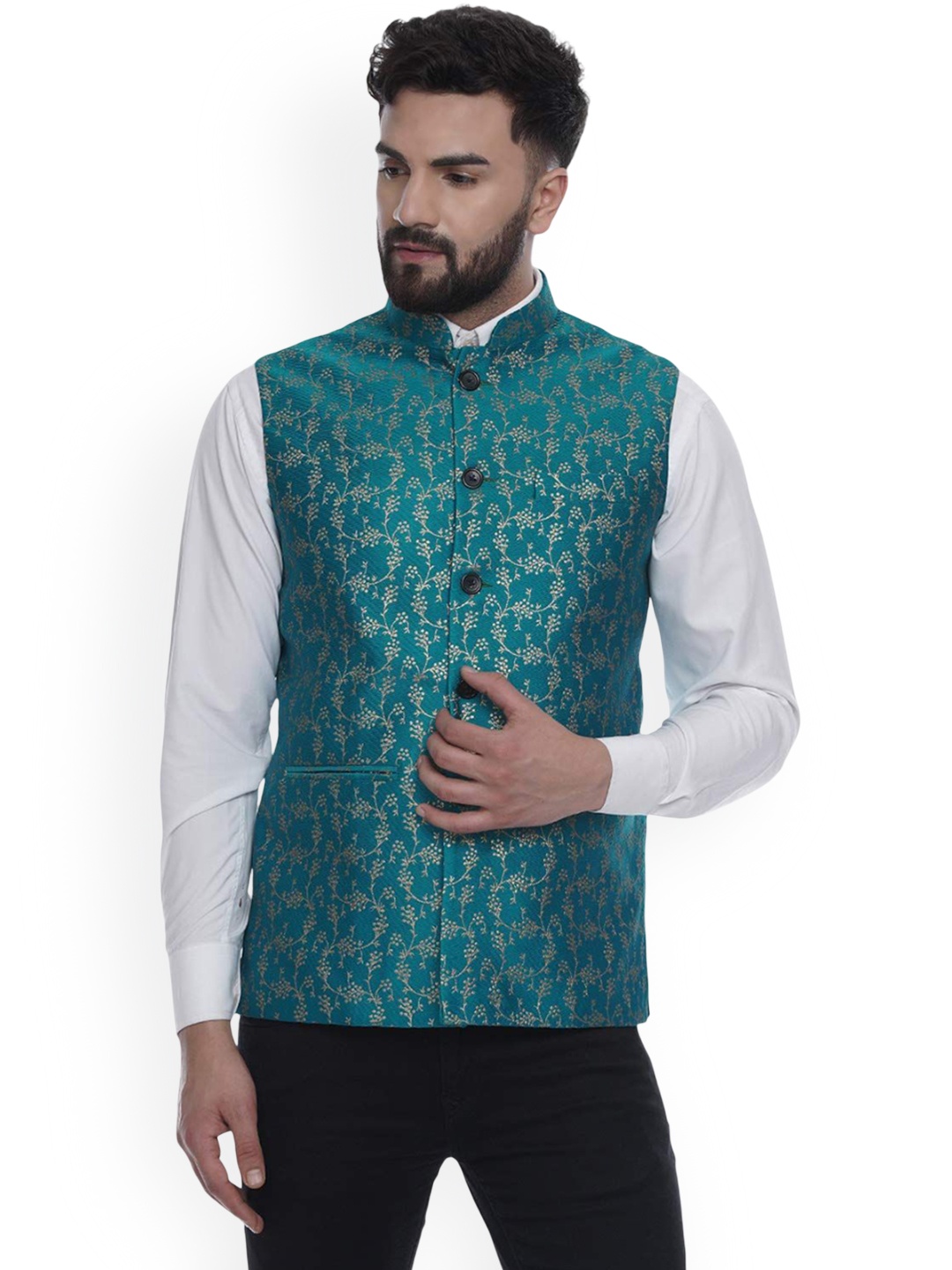 

VEERA PARIDHAAN Banarasi Printed Chinese Collar Nehru Jacket, Green